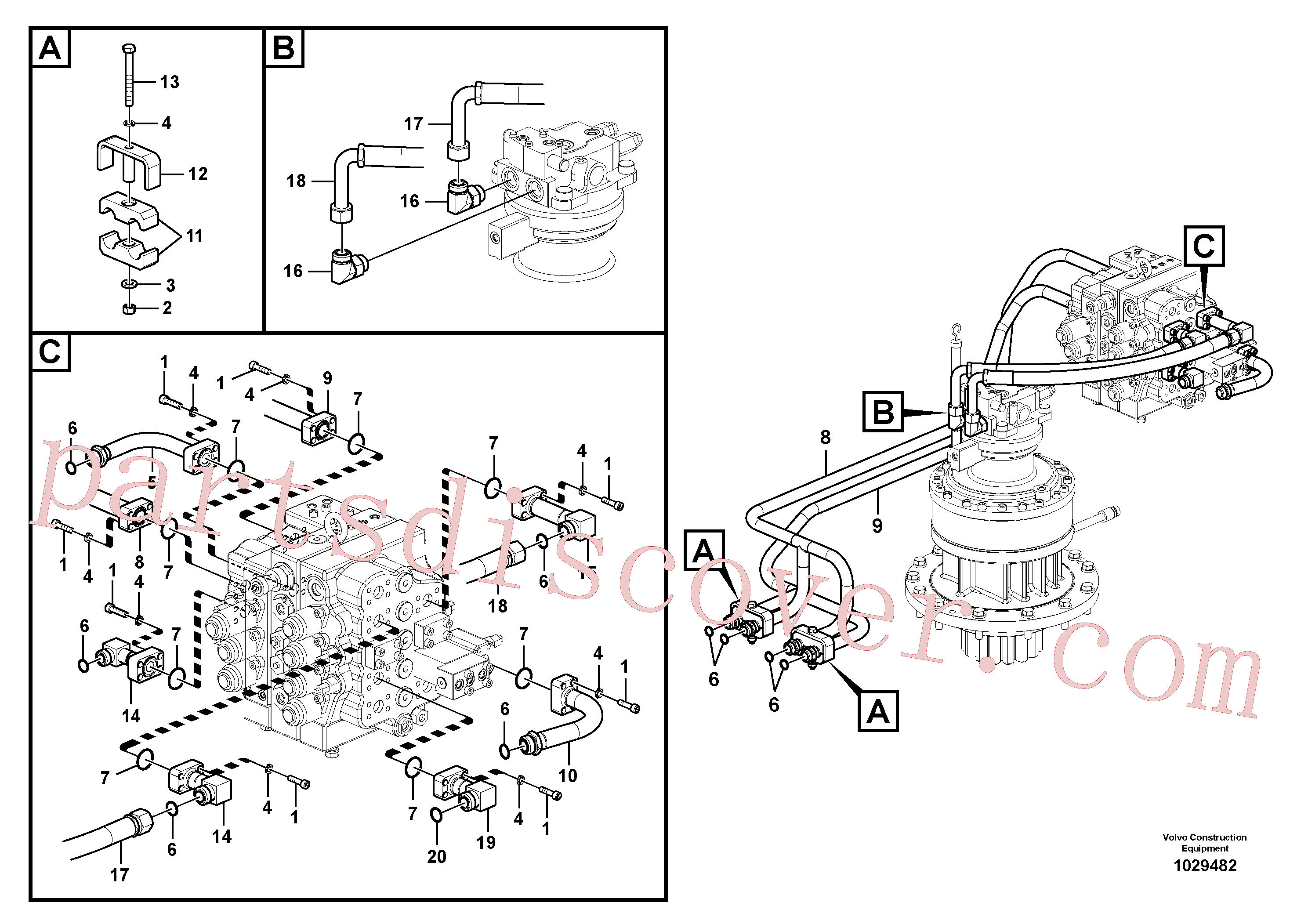 SA1142-03140 for Volvo Hydraulic system, control valve to boom and swing(1029482 assembly)