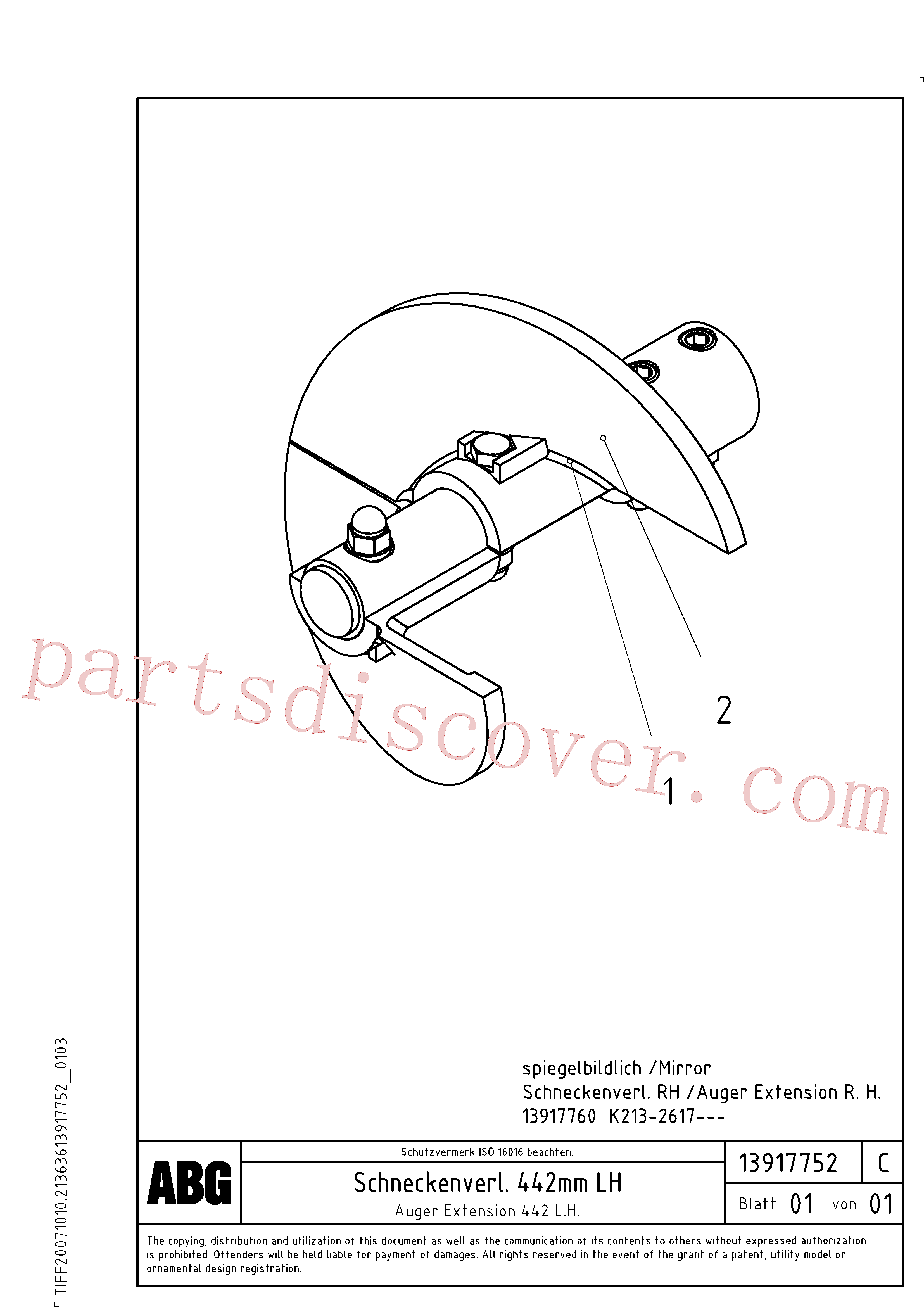 RM13939749 for Volvo Auger extension, Auger extension 442(1046101 assembly)